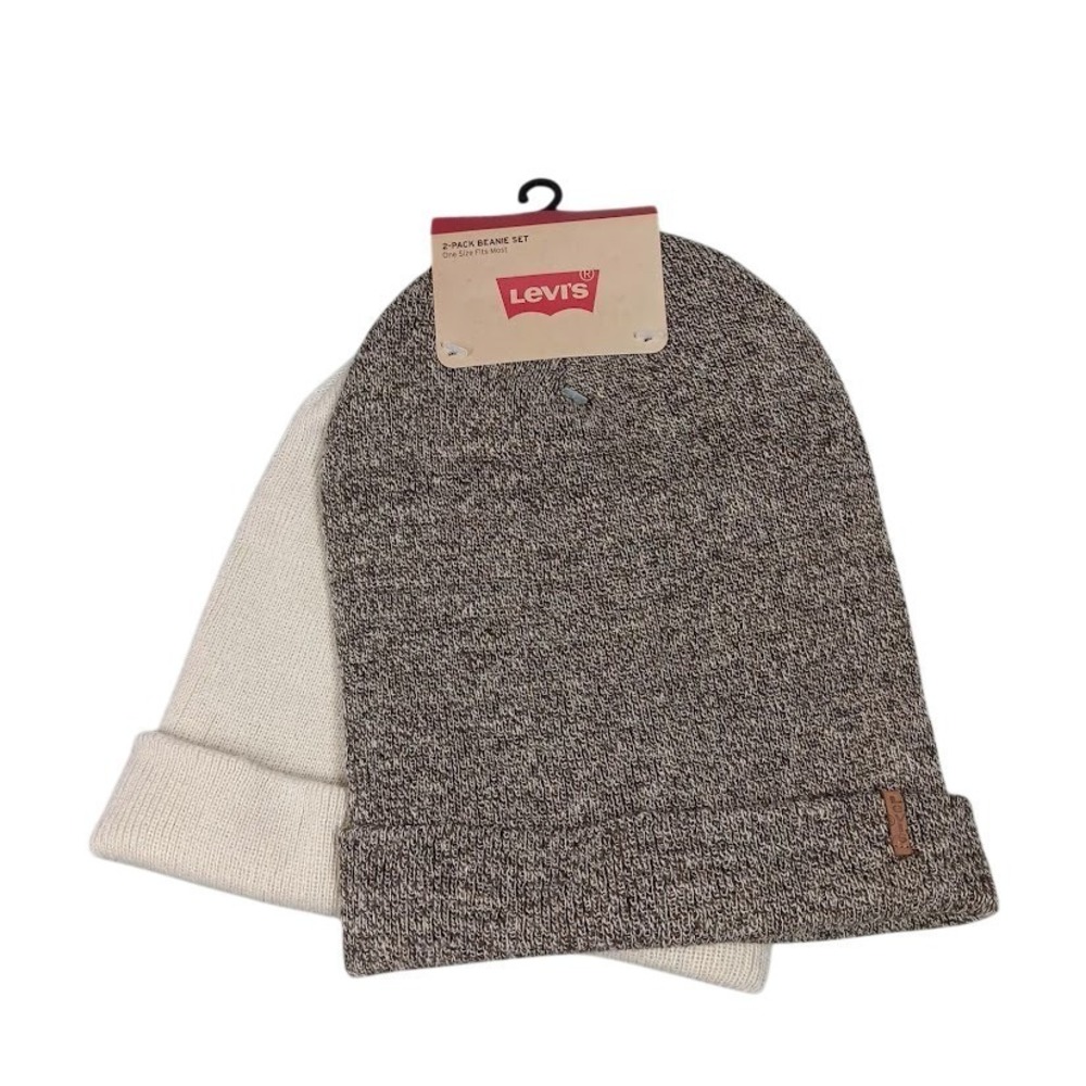 Levis Beanie Hat Set Mens One Size Brown Cream Knit 2 Pack Cuffed‎ Winter